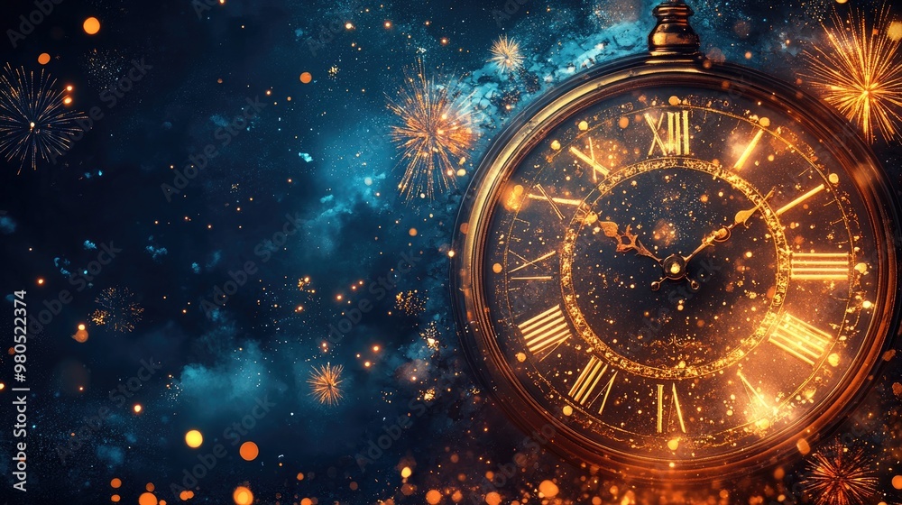 Poster Antique clock counting down to midnight on new year's eve with fireworks exploding