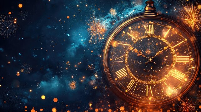 Antique clock counting down to midnight on new year's eve with fireworks exploding