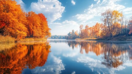 Bright orange and yellow leaves frame a tranquil lake reflecting the autumn sky and colorful trees. The peaceful waters mirror the vibrant scenery under soft clouds at midday.