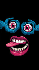 A vivid and surreal illustration of a face with a wide open mouth, revealing a set of white teeth and a pink tongue. The eyes are held by two blue
hands, each with three fingers, and the eyeballs are 