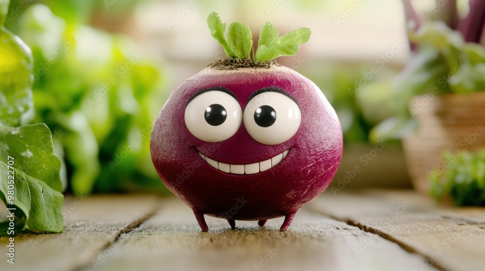 Wall mural A beet with eyes and mouth on a wooden table, AI