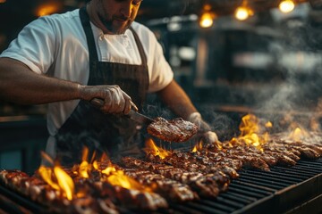 Fototapeta premium Chef holding barbecue spare ribs on grill using tongs in restaurant kitchen