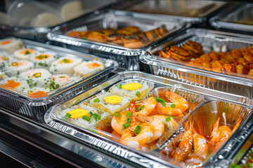 Fototapeta premium A vibrant variety of seafood and sushi is attractively arranged in trays, showcasing shrimp, sushi rolls, and other dishes in a bustling market setting during lunchtime.