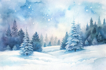 Naklejka premium A painting of a snowy forest with two pine trees in the foreground