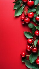 Fresh Red Cherries with Green Leaves on Red Background, Top View, Summer Berries Frame,