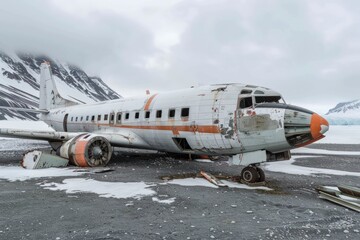 Naklejka premium A wrecked airplane rests on a snowy, rocky surface with mountains in the background.