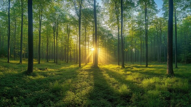Golden sunlight shining through trees in green forest - Powered by Adobe