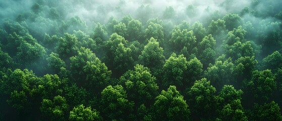 Panorama of a forest from above, with low contrast and soft green textures for a calm, refreshing feel. The 3D rendering emphasizes the details of the treetops, perfect as a background
