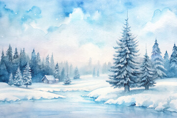 A painting of a snowy landscape with a cabin and a tree