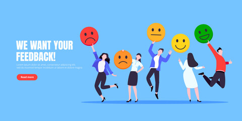 Fototapeta premium Employee happiness and work attitude feedback business concept flat style vector illustration. Business people with various feedback emoticons. Working wellbeing and satisfaction feedback