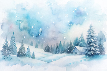 A painting of a snowy landscape with a cabin in the distance