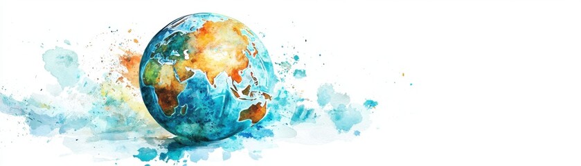 Naklejka premium A vibrant watercolor illustration of the Earth depicting continents and oceans in bright colors, symbolizing global beauty and unity.