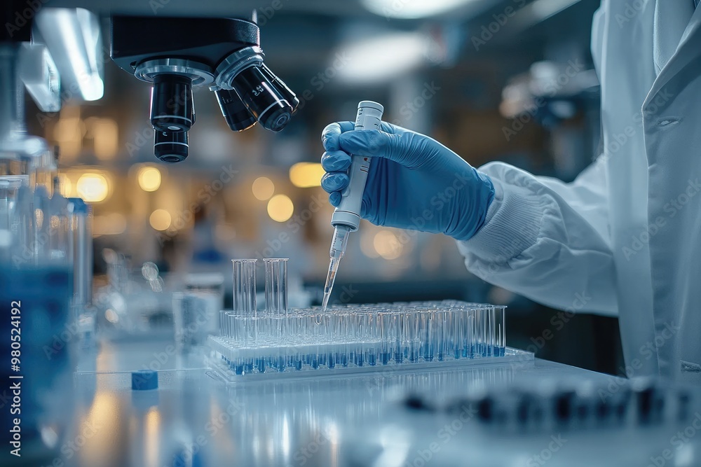 Aufkleber Scientist using micropipette for dropping liquid samples in modern laboratory