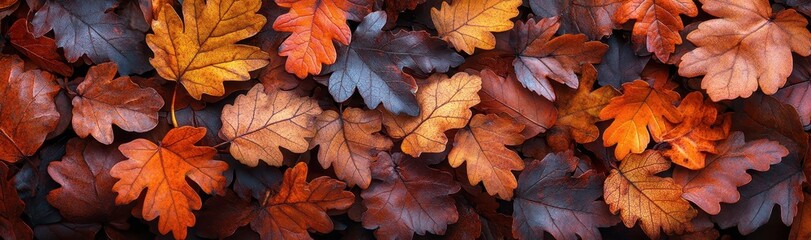 Fototapeta premium Close-up of oak leaves in shades of brown and orange, arranged on the ground as an autumn background.