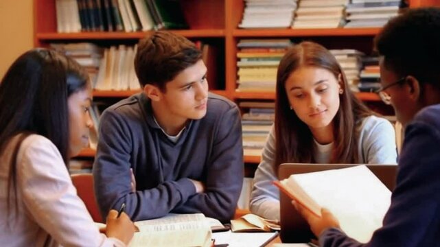 Three students, two men and one woman, are studying in a library, sitting at a table with books and a laptop. They are discussing their work and seem to be engaged in their studies.
