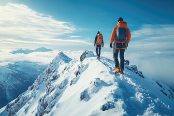 Two mountain climbers walking on a snowy mountain ridge at sunrise