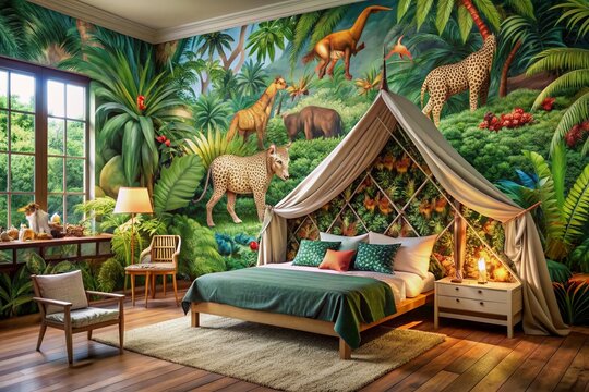Vibrant jungle safari-themed room featuring a safari tent bed, animal print wallpaper, and colorful accents, transporting you to the heart of the wild adventure.