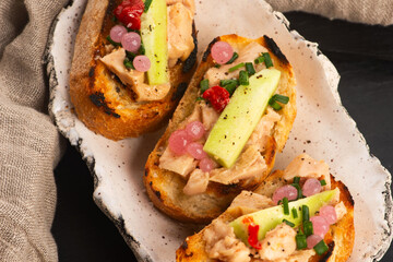 Sandwich with cod liver. Healthy food concept. Food recipe background. Close up