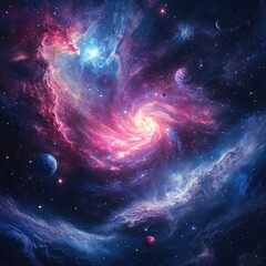Obraz premium Cosmic Nebula with Swirling Gas and Planets