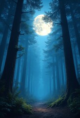 Magical forest filled with soft moonlight