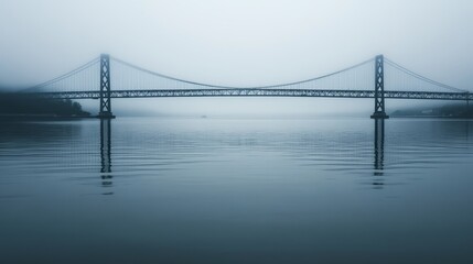 Fototapeta premium Misty Suspension Bridge Over Water, Minimalist Architecture, Infrastructure, Gloomy Atmosphere