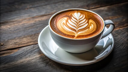 Elegant white foam art adorns a rich cappuccino in a delicate cup, set against a rustic chalkboard background, evoking morning sophistication and expert barista craftsmanship.