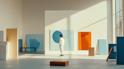 Film Still from Quiet Creations: Spacious Brooklyn Studio with High Ceilings Showcasing Minimalist Geometric Artworks in Orange and Blue