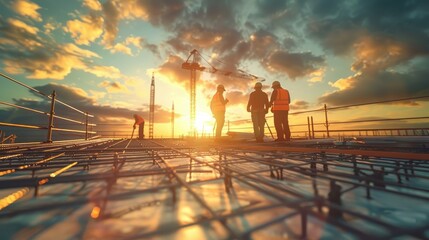 Fototapeta premium Silhouetted construction workers stand on a building site at sunset, against a dramatic sky, symbolizing teamwork and progress.