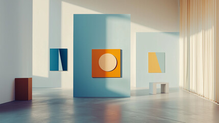 Film Still from Quiet Creations: Spacious Brooklyn Studio with High Ceilings Showcasing Minimalist Geometric Artworks in Orange and Blue