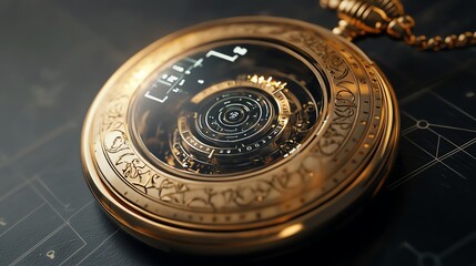 A luxurious gold pocket watch with intricate engravings, seamlessly blended with a digital interface displaying holographic time data, captured from a tilted angle, photorealistic