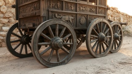 Obraz premium A weathered wooden chariot, adorned with intricate carvings, is situated in the centre of a dusty, worn Roman