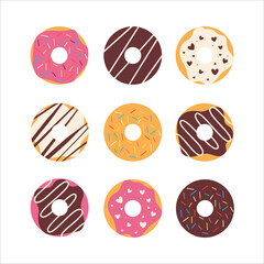 Donuts Flat Vector Collection. Top View Isolated Pastry Set. Sweet Doughnuts with Color Sugar Glaze and Sprinkles.