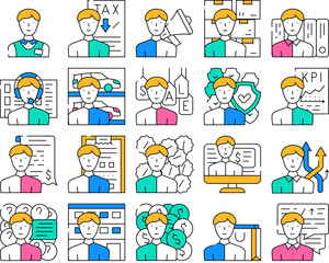 Salesman Business Occupation Icons Set Vector. Salesman Megaphone Advertising Of Seasonal Store Sale And Discounts, Tax Advice And Call Center Worker Support color Contour Illustrations