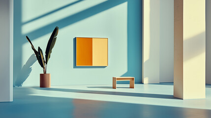 Film Still from Quiet Creations: Spacious Brooklyn Studio with High Ceilings Showcasing Minimalist Geometric Artworks in Orange and Blue
