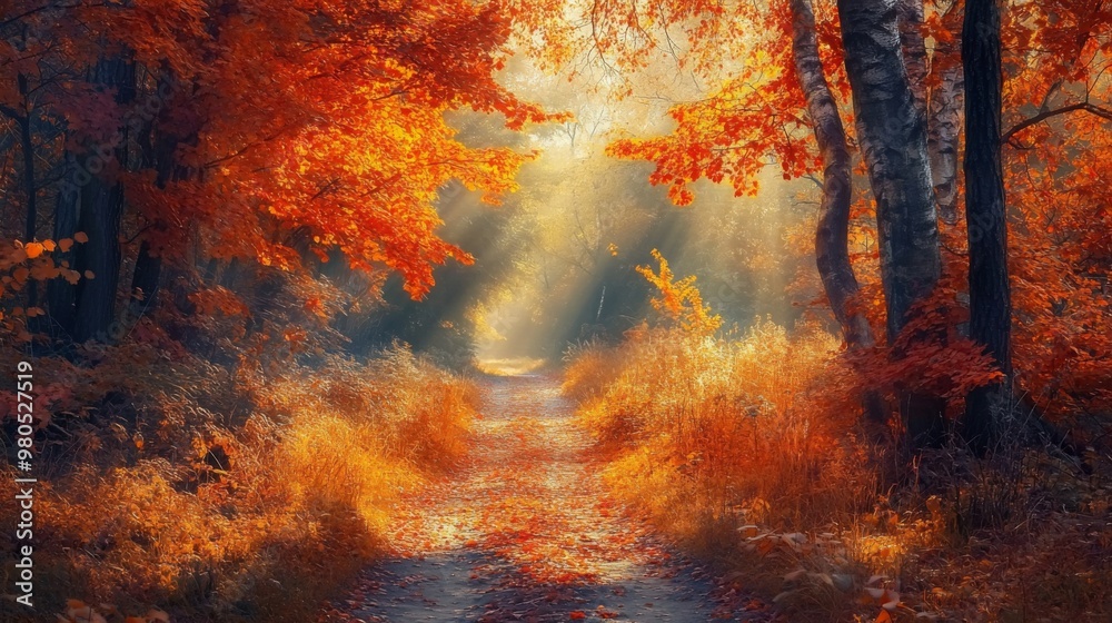 Poster a path through a forest, the ground covered in fallen leaves. the trees have orange leaves and the s