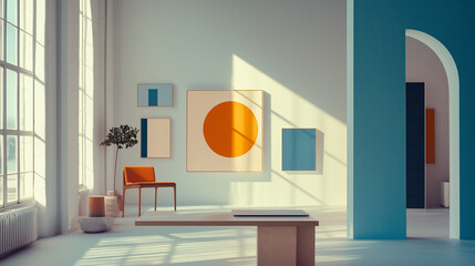 Film Still from Quiet Creations: Spacious Brooklyn Studio with High Ceilings Showcasing Minimalist Geometric Artworks in Orange and Blue