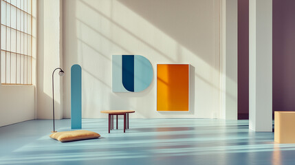 Film Still from Quiet Creations: Spacious Brooklyn Studio with High Ceilings Showcasing Minimalist Geometric Artworks in Orange and Blue