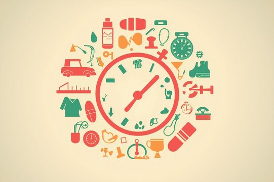 An illustration of a large clock encircled by various health, fitness, and lifestyle icons, symbolizing time management and balanced living for well-being.