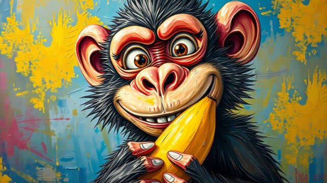 A whimsical illustration of a mischievous monkey holding a banana with a cheeky grin, depicted in vibrant colors
