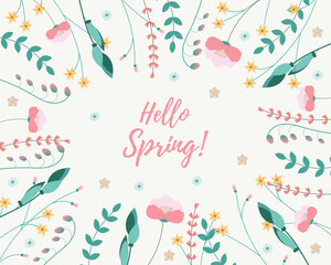 Fototapeta premium Flat vector illustration of Spring background card Hello spring. Banner, greeting card, poster, invitation template, flyer. Great for any designs, textile, art, walls, package