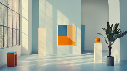 Film Still from Quiet Creations: Spacious Brooklyn Studio with High Ceilings Showcasing Minimalist Geometric Artworks in Orange and Blue