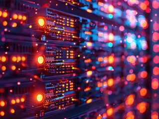 Obraz premium Close-up image of server racks with colorful LED lights in a data center, showcasing modern technology and network equipment.