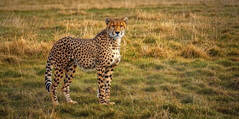 Obraz premium Cheetah confidently poses in a lush meadow surrounded by parched grass.