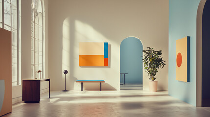 Film Still from Quiet Creations: Spacious Brooklyn Studio with High Ceilings Showcasing Minimalist Geometric Artworks in Orange and Blue