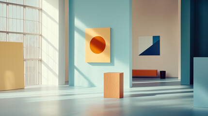 Film Still from Quiet Creations: Spacious Brooklyn Studio with High Ceilings Showcasing Minimalist Geometric Artworks in Orange and Blue