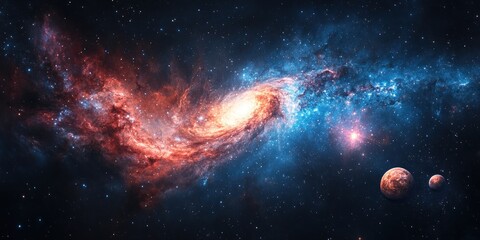 A Cosmic Dance of Red and Blue Nebulae with Planets in the Distance