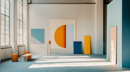 Film Still from Quiet Creations: Spacious Brooklyn Studio with High Ceilings Showcasing Minimalist Geometric Artworks in Orange and Blue
