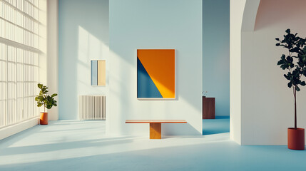 Film Still from Quiet Creations: Spacious Brooklyn Studio with High Ceilings Showcasing Minimalist Geometric Artworks in Orange and Blue