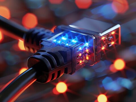 Close-up of a network cable with blue and red LED lights, symbolizing high-speed internet and data transmission.