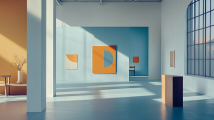 Film Still from Quiet Creations: Spacious Brooklyn Studio with High Ceilings Showcasing Minimalist Geometric Artworks in Orange and Blue